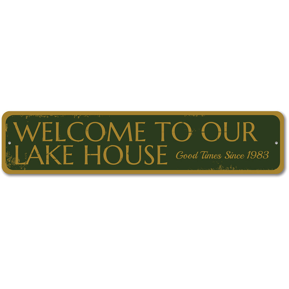 Customizable Welcome to our Lake House Sign made of durable aluminum, featuring pre-drilled holes for easy mounting.