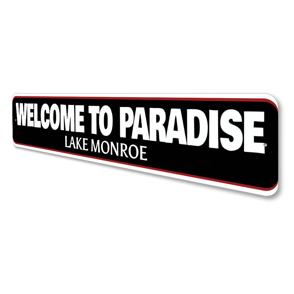 A beautifully crafted Welcome to Paradise Lake Sign made from high-quality aluminum, featuring customizable text and a vibrant design, perfect for lakehouses.