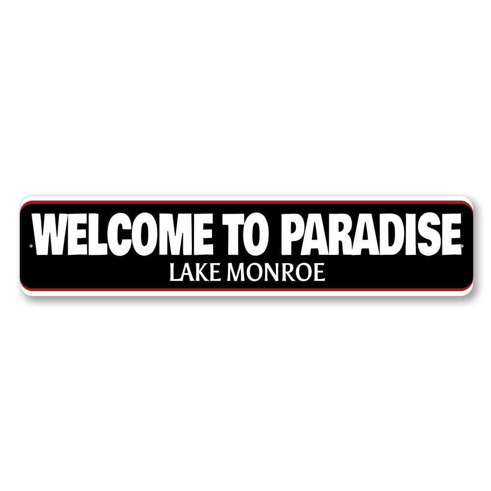 A beautifully crafted Welcome to Paradise Lake Sign made from high-quality aluminum, featuring customizable text and a vibrant design, perfect for lakehouses.