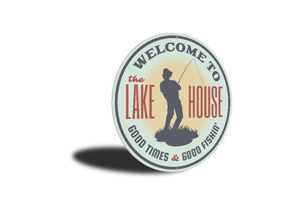 A decorative Welcome to the Lake House Sign made of high-quality aluminum, featuring customizable text and pre-drilled holes for easy mounting.