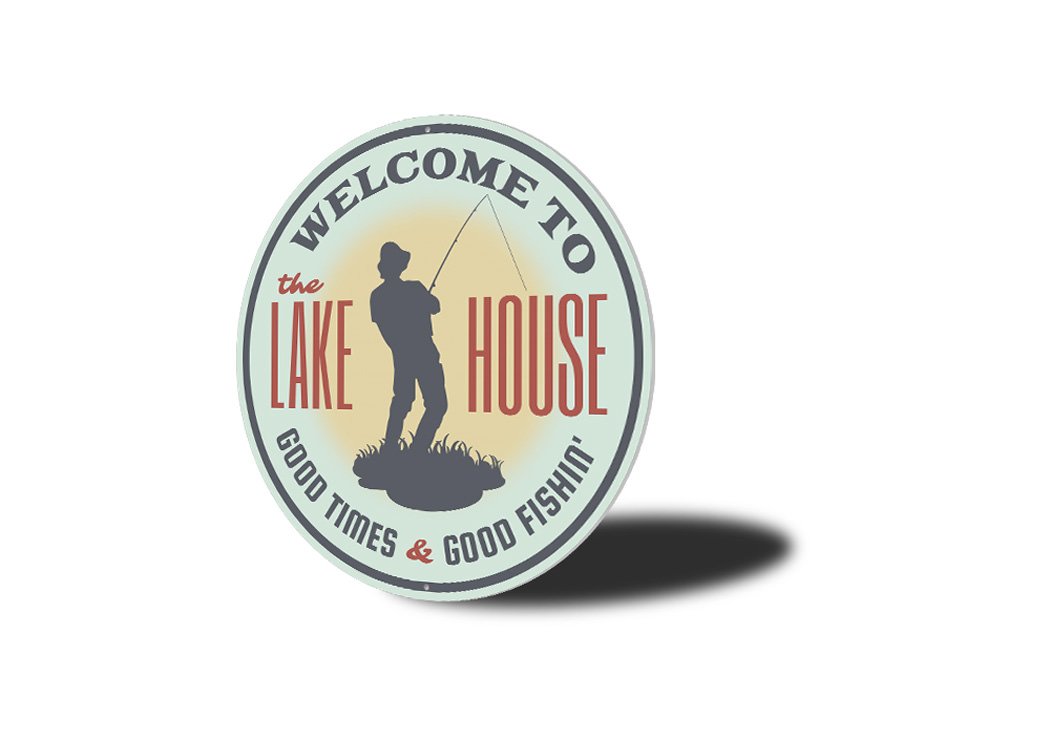 A decorative Welcome to the Lake House Sign made of high-quality aluminum, featuring customizable text and pre-drilled holes for easy mounting.