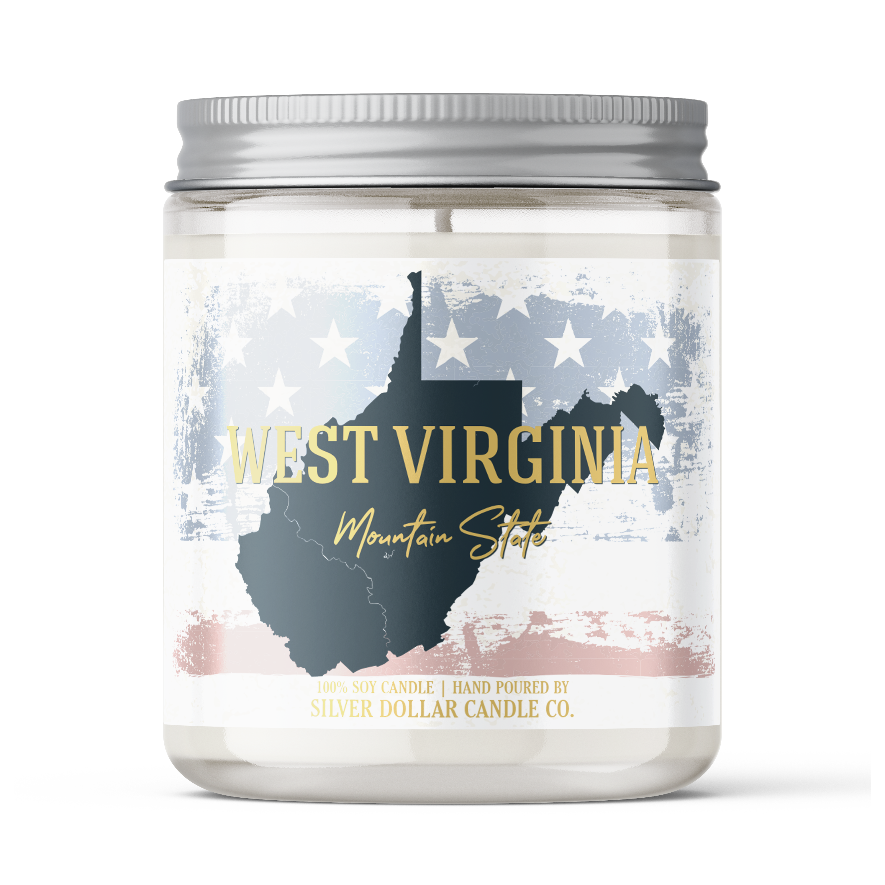 West Virginia State Candle in a decorative box, showcasing its elegant design and personalized lid option.