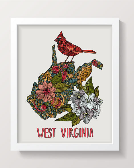 West Virginia State Map art print featuring Northern cardinal and Rhododendron, 8x10 inches on matte cardstock.