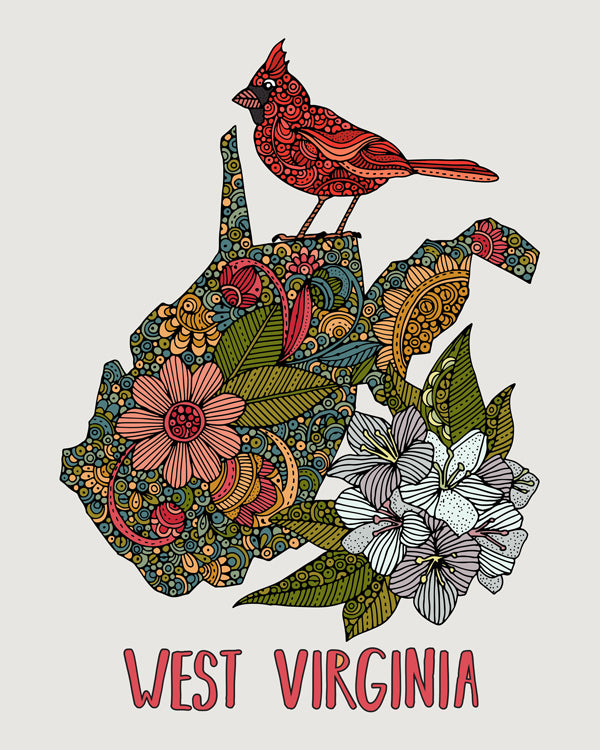 West Virginia State Map art print featuring Northern cardinal and Rhododendron, 8x10 inches on matte cardstock.