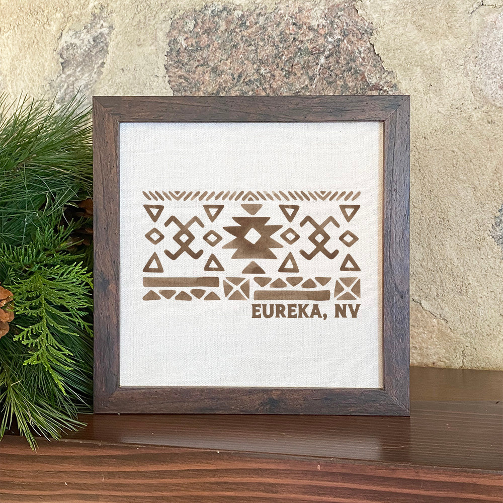 A beautifully framed sign featuring a Western pattern with customizable city and state, set against a neutral linen-look background.