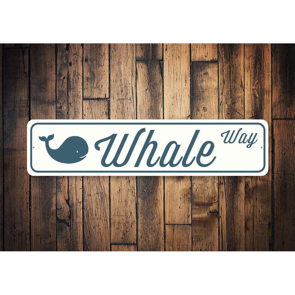 Whale Street Sign made of high-quality aluminum, featuring customizable text and pre-drilled holes for easy mounting.