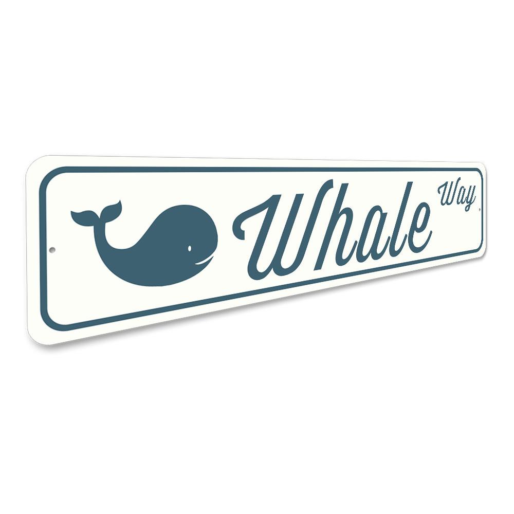 Whale Street Sign made of high-quality aluminum, featuring customizable text and pre-drilled holes for easy mounting.