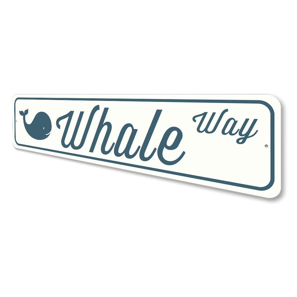 Whale Street Sign made of high-quality aluminum, featuring customizable text and pre-drilled holes for easy mounting.