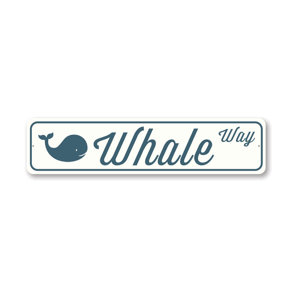 Whale Street Sign made of high-quality aluminum, featuring customizable text and pre-drilled holes for easy mounting.