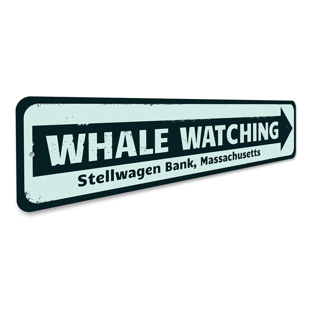 A decorative Whale Watching Location Sign made of high-quality aluminum, featuring customizable text and pre-drilled holes for easy mounting.