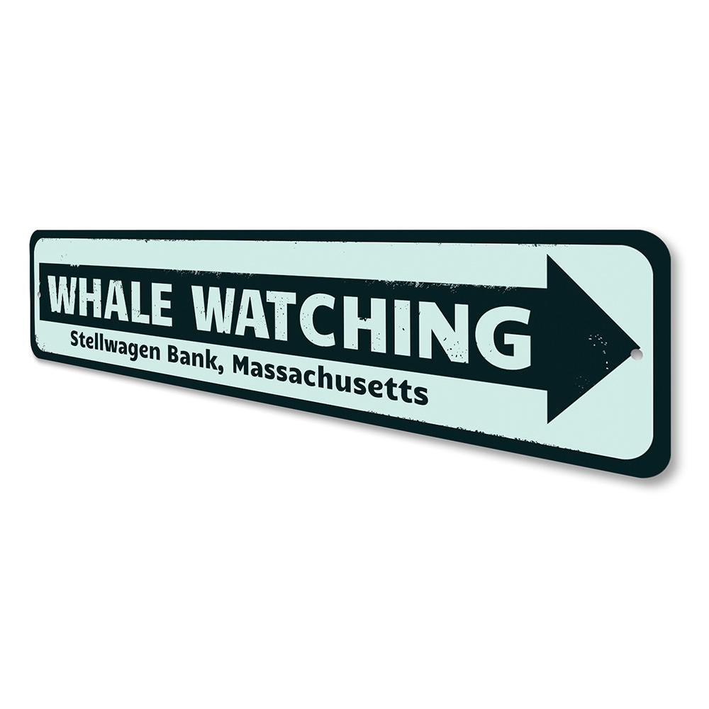 A decorative Whale Watching Location Sign made of high-quality aluminum, featuring customizable text and pre-drilled holes for easy mounting.