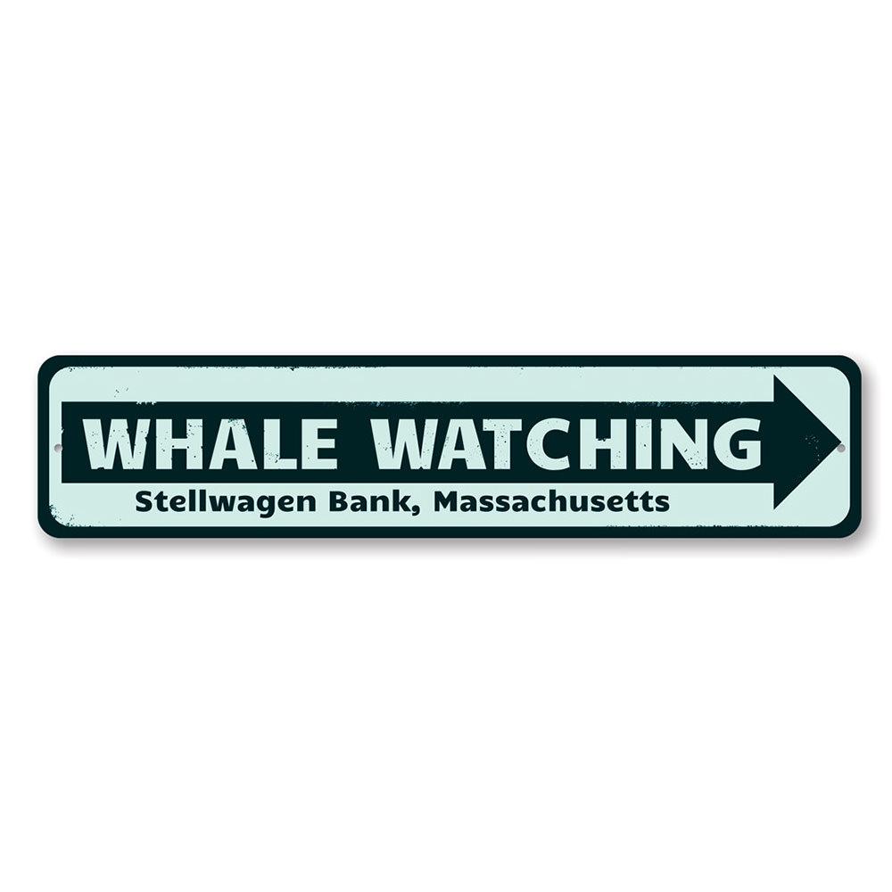 A decorative Whale Watching Location Sign made of high-quality aluminum, featuring customizable text and pre-drilled holes for easy mounting.