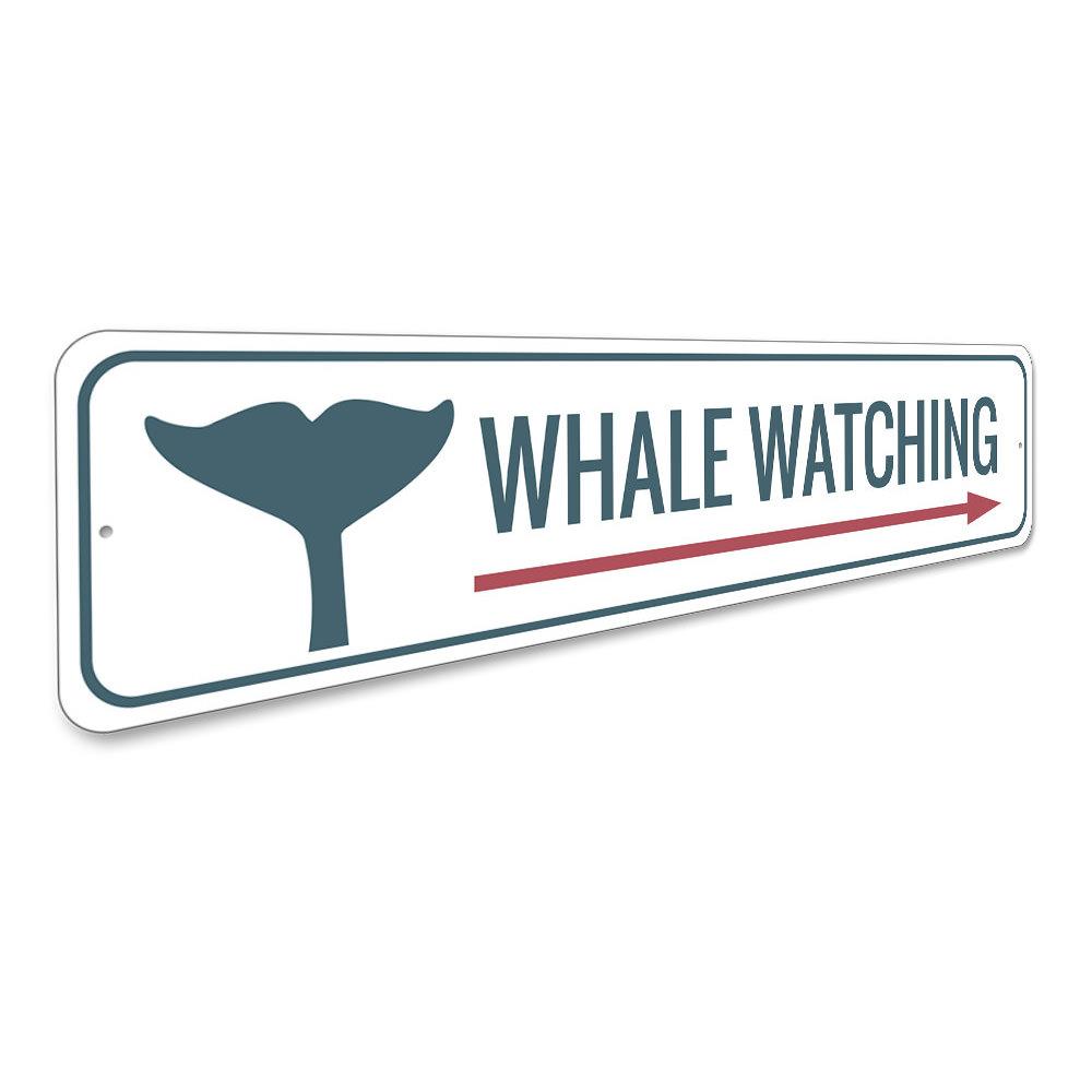 A decorative Whale Watching Sign made of high-quality aluminum, featuring vibrant colors and a coastal theme, perfect for beach houses and restaurants.