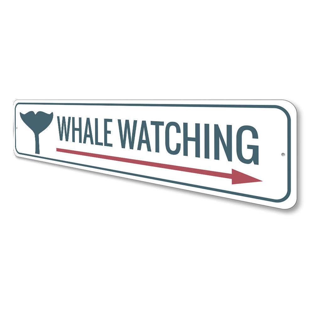 A decorative Whale Watching Sign made of high-quality aluminum, featuring vibrant colors and a coastal theme, perfect for beach houses and restaurants.