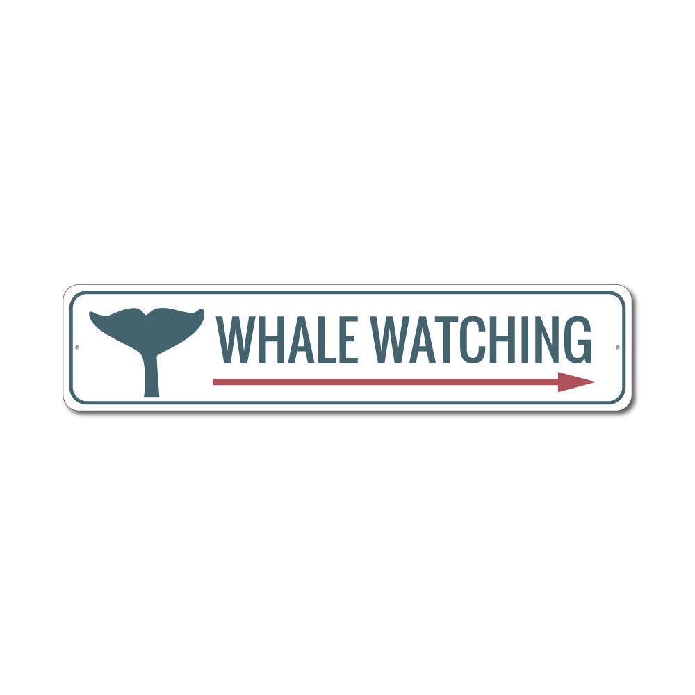 A decorative Whale Watching Sign made of high-quality aluminum, featuring vibrant colors and a coastal theme, perfect for beach houses and restaurants.