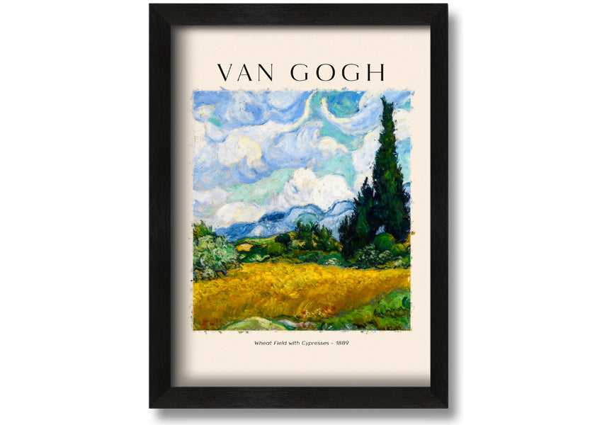 A vibrant canvas print of Van Gogh's Wheat Field With Cypresses, showcasing golden wheat and cypress trees under a blue sky.