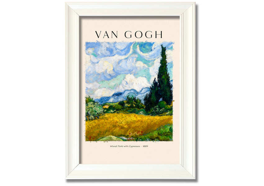 A vibrant canvas print of Van Gogh's Wheat Field With Cypresses, showcasing golden wheat and cypress trees under a blue sky.