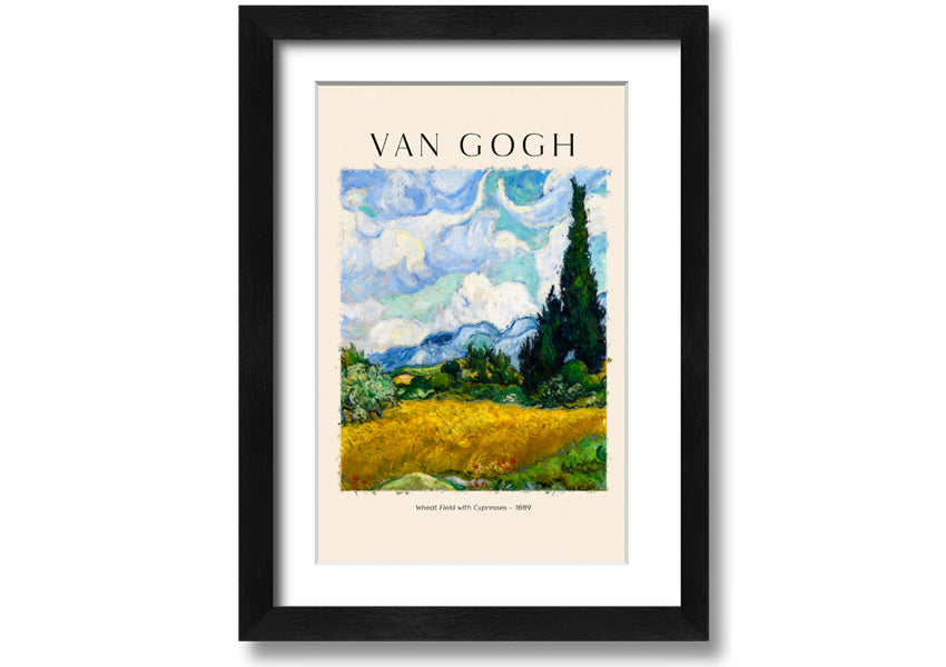 A vibrant canvas print of Van Gogh's Wheat Field With Cypresses, showcasing golden wheat and cypress trees under a blue sky.