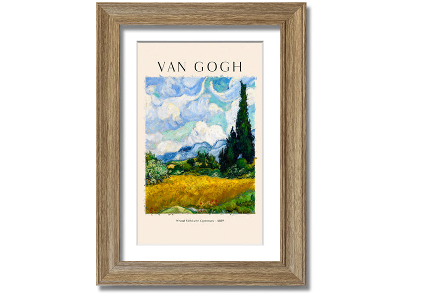 A vibrant canvas print of Van Gogh's Wheat Field With Cypresses, showcasing golden wheat and cypress trees under a blue sky.