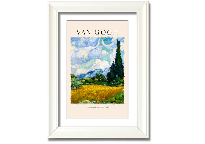 A vibrant canvas print of Van Gogh's Wheat Field With Cypresses, showcasing golden wheat and cypress trees under a blue sky.