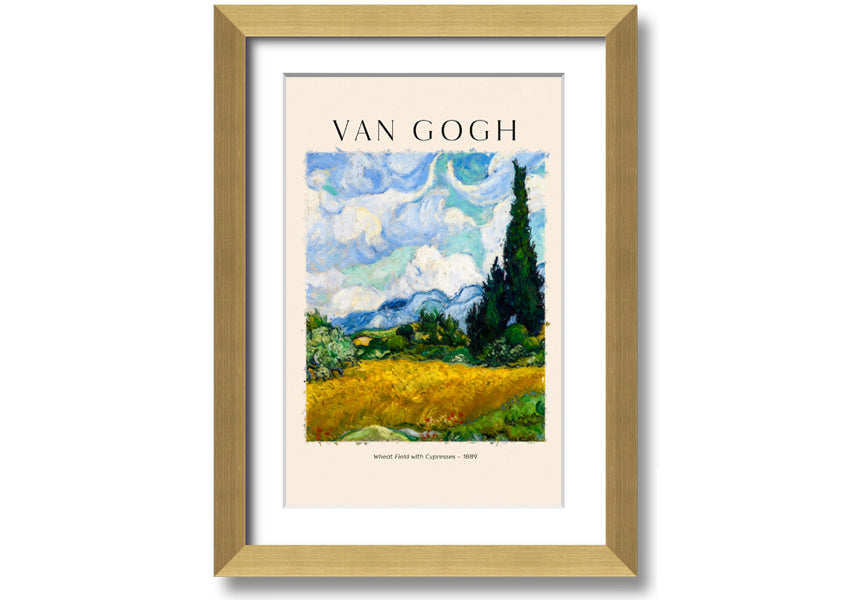 A vibrant canvas print of Van Gogh's Wheat Field With Cypresses, showcasing golden wheat and cypress trees under a blue sky.