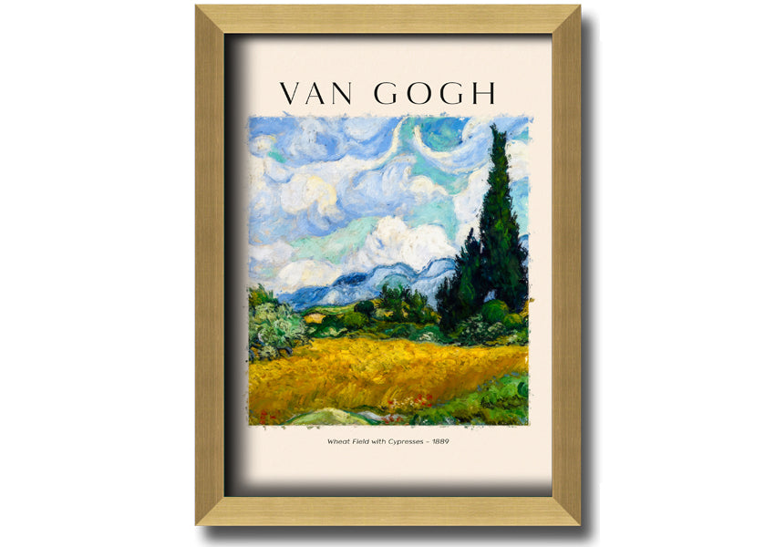 A vibrant canvas print of Van Gogh's Wheat Field With Cypresses, showcasing golden wheat and cypress trees under a blue sky.