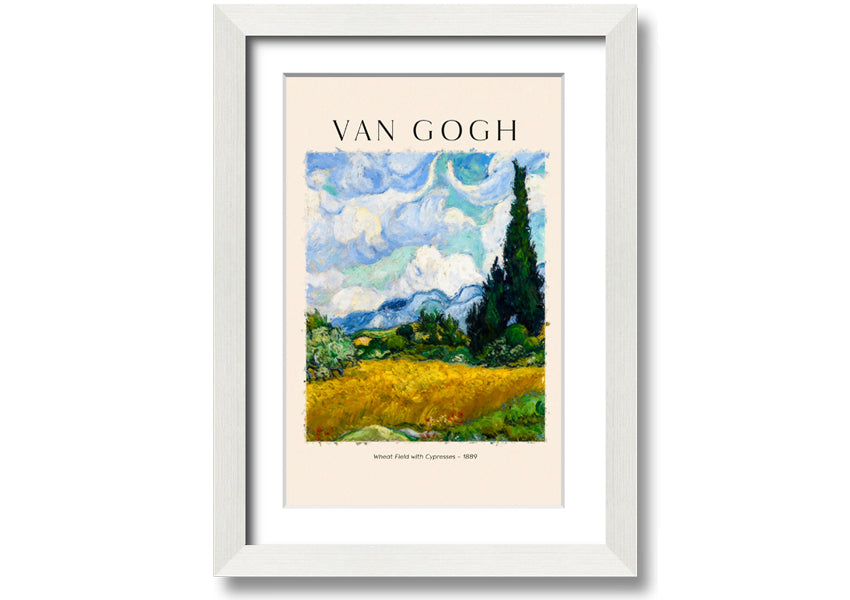 A vibrant canvas print of Van Gogh's Wheat Field With Cypresses, showcasing golden wheat and cypress trees under a blue sky.