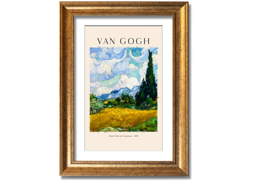 A vibrant canvas print of Van Gogh's Wheat Field With Cypresses, showcasing golden wheat and cypress trees under a blue sky.