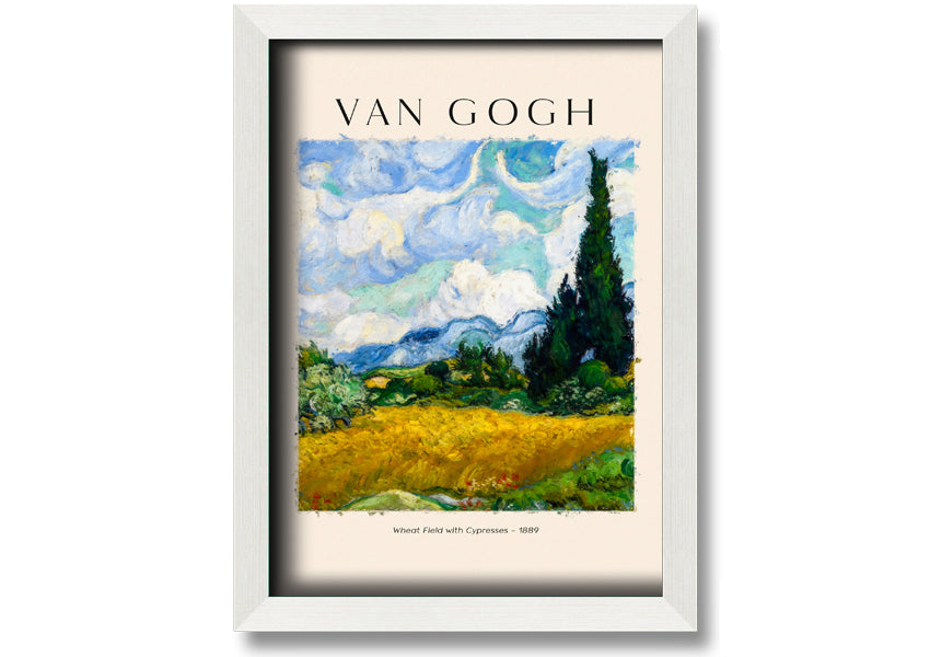 A vibrant canvas print of Van Gogh's Wheat Field With Cypresses, showcasing golden wheat and cypress trees under a blue sky.