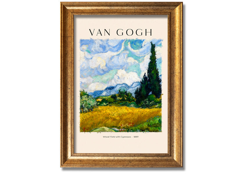 A vibrant canvas print of Van Gogh's Wheat Field With Cypresses, showcasing golden wheat and cypress trees under a blue sky.