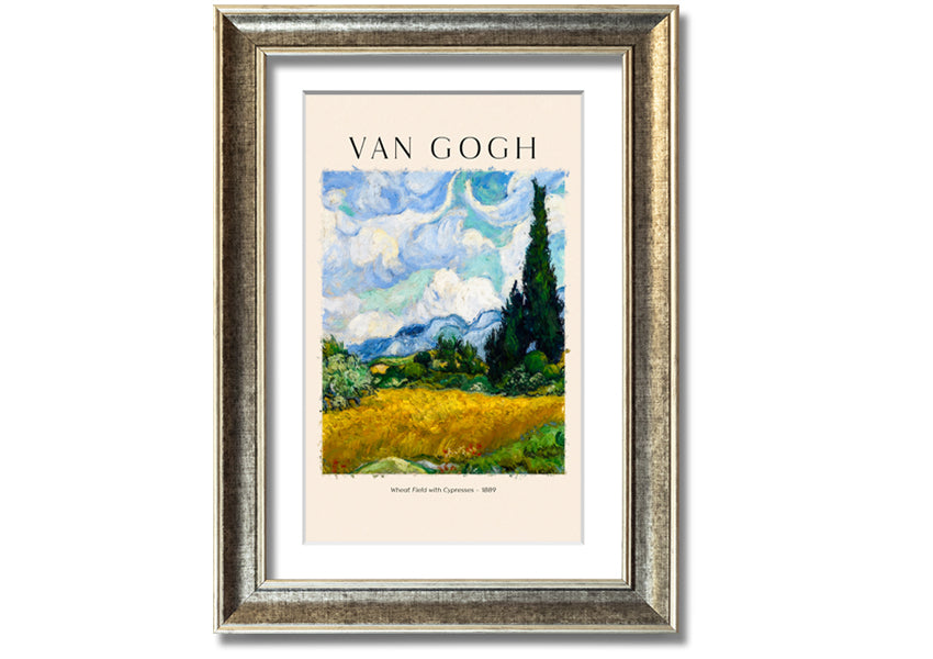 A vibrant canvas print of Van Gogh's Wheat Field With Cypresses, showcasing golden wheat and cypress trees under a blue sky.