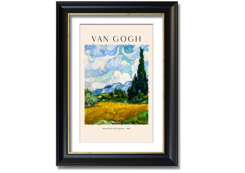 A vibrant canvas print of Van Gogh's Wheat Field With Cypresses, showcasing golden wheat and cypress trees under a blue sky.