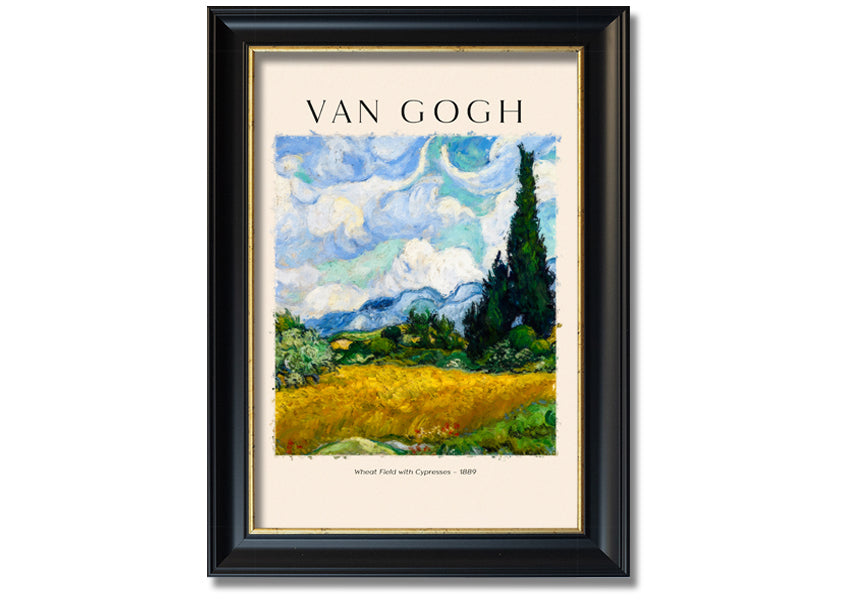 A vibrant canvas print of Van Gogh's Wheat Field With Cypresses, showcasing golden wheat and cypress trees under a blue sky.