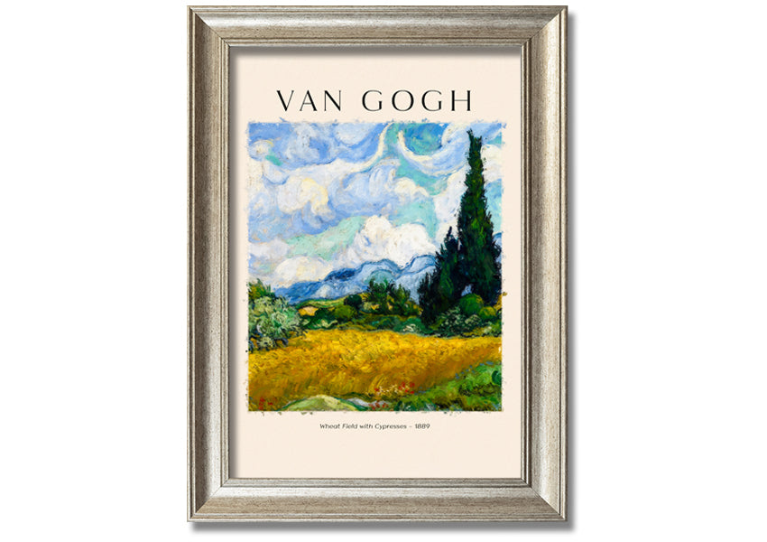 A vibrant canvas print of Van Gogh's Wheat Field With Cypresses, showcasing golden wheat and cypress trees under a blue sky.