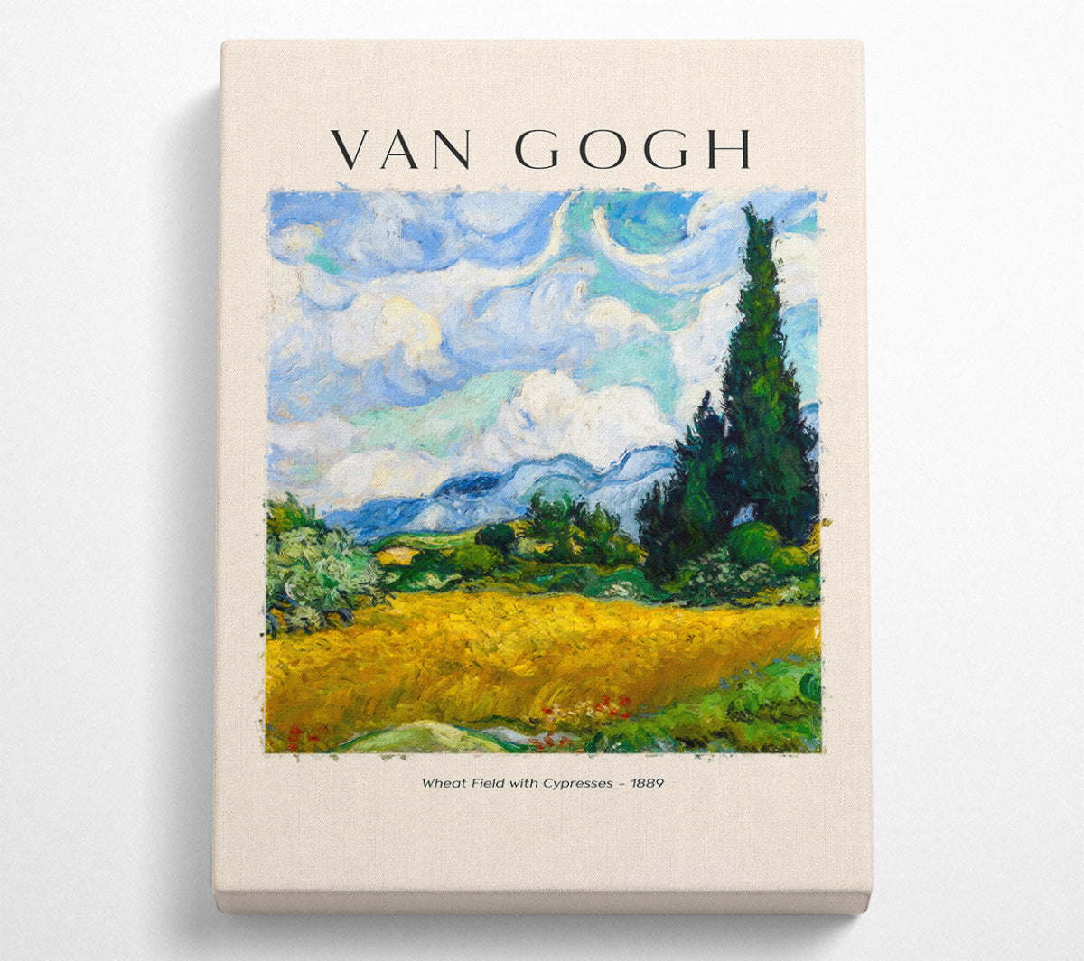 A vibrant canvas print of Van Gogh's Wheat Field With Cypresses, showcasing golden wheat and cypress trees under a blue sky.