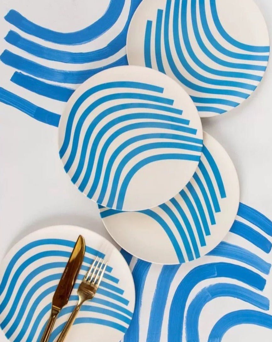 Whimsical Dopamine Bamboo Fiber Plates Set featuring blue and yellow striped designs, perfect for eco-friendly dining.