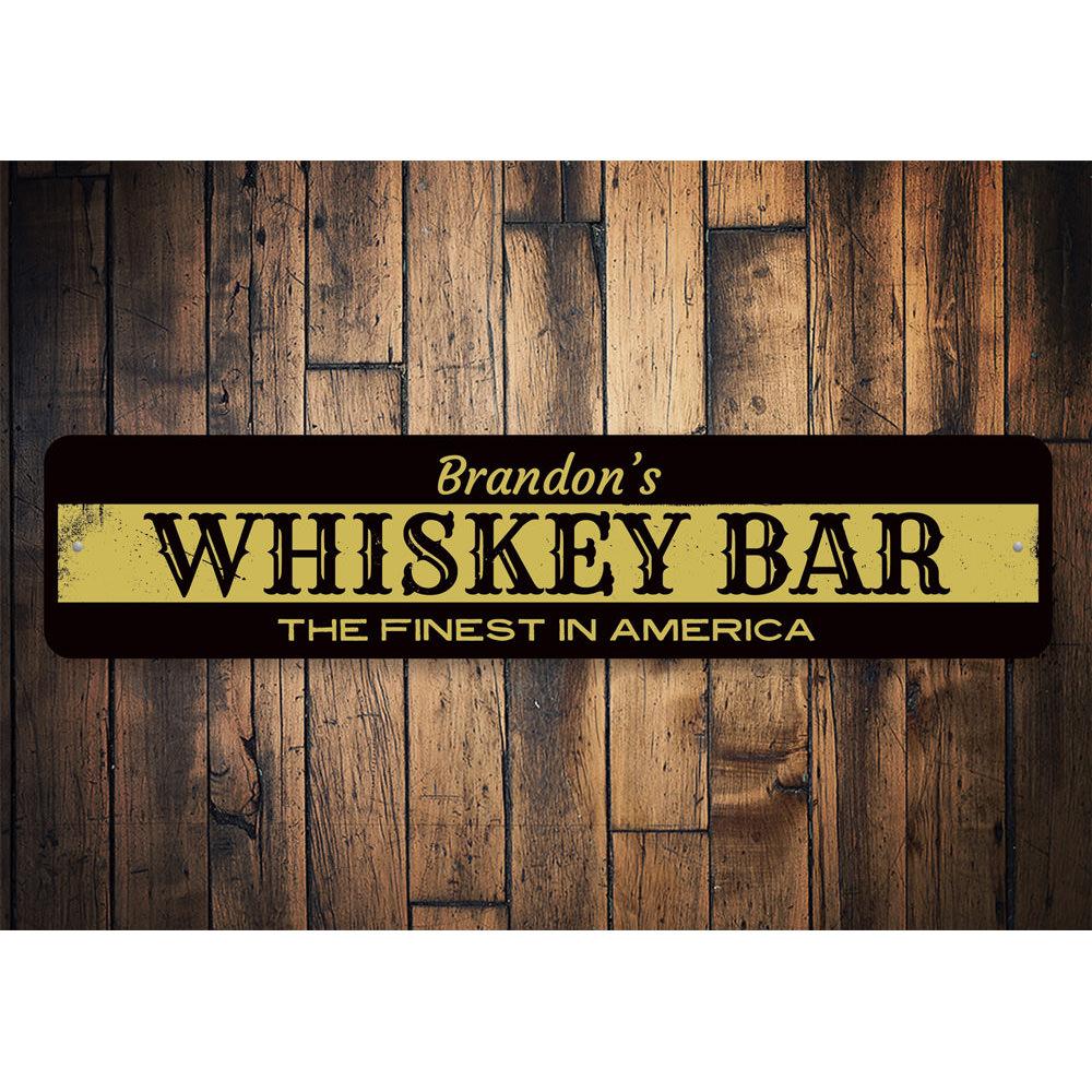 Personalized Whiskey Bar Name Sign made of high-quality aluminum, featuring custom text and pre-drilled holes for easy mounting.