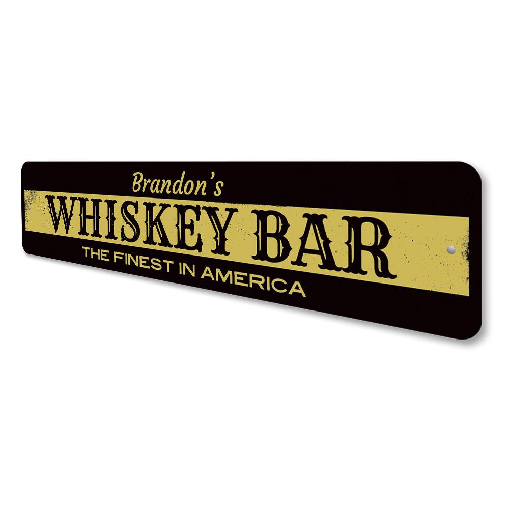 Personalized Whiskey Bar Name Sign made of high-quality aluminum, featuring custom text and pre-drilled holes for easy mounting.