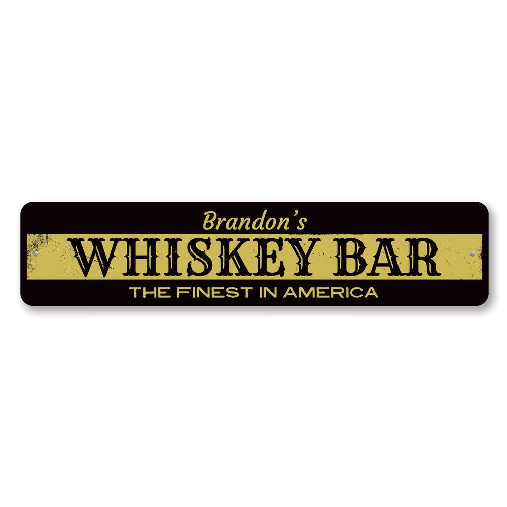 Personalized Whiskey Bar Name Sign made of high-quality aluminum, featuring custom text and pre-drilled holes for easy mounting.