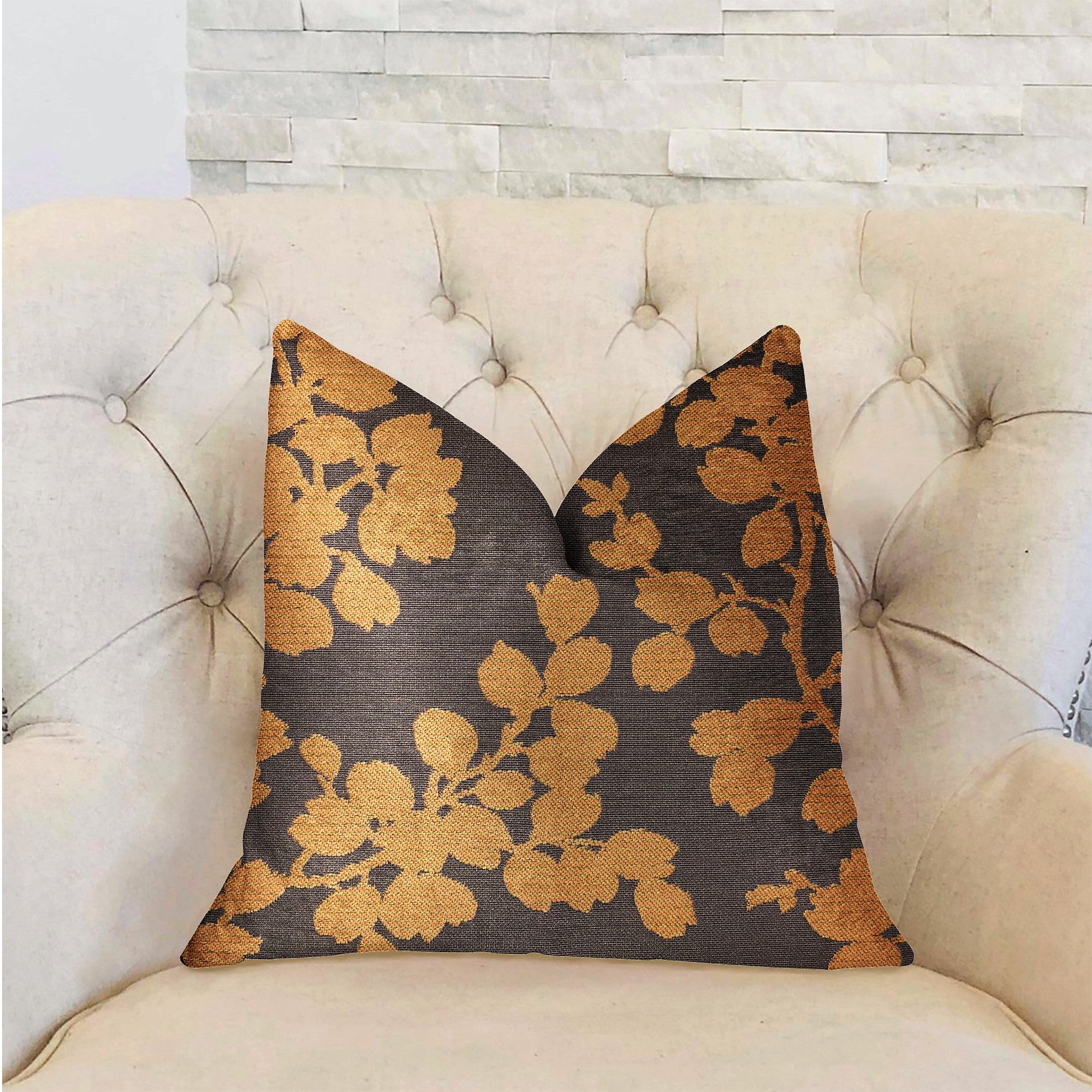 Whispering Willow Gold and Gray Luxury Throw Pillow showcasing elegant design and luxurious fabric, perfect for home decor.