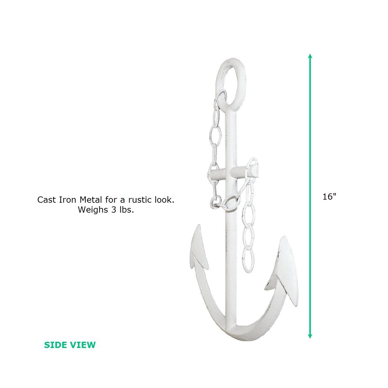 A beautifully hand-painted white cast iron anchor, 16 inches tall and 13 inches wide, perfect for nautical decor.