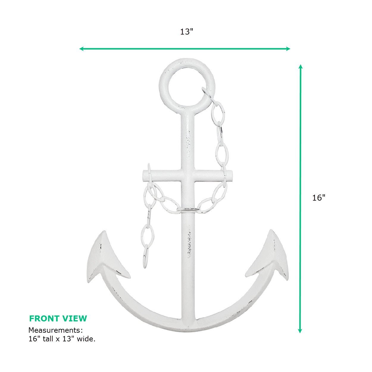 A beautifully hand-painted white cast iron anchor, 16 inches tall and 13 inches wide, perfect for nautical decor.