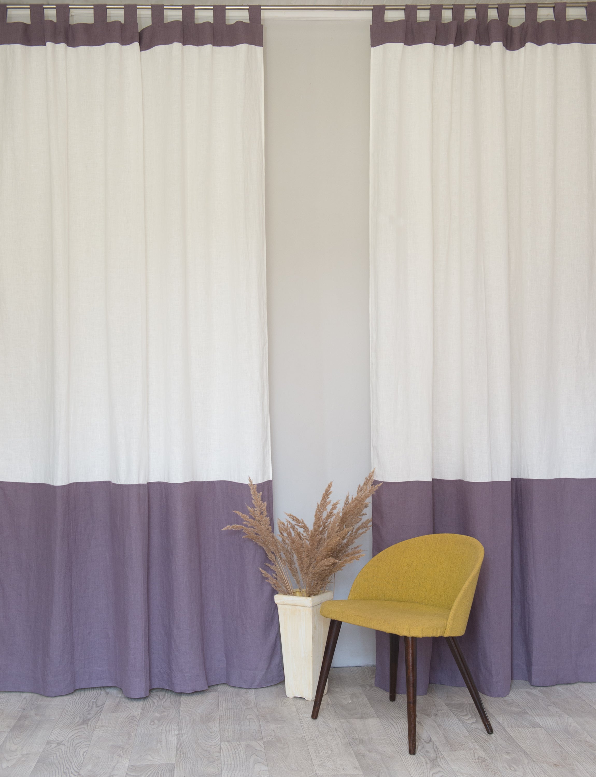 Elegant White and Natural Light linen curtains with tab tops, showcasing a stylish two-tone design for modern interiors.