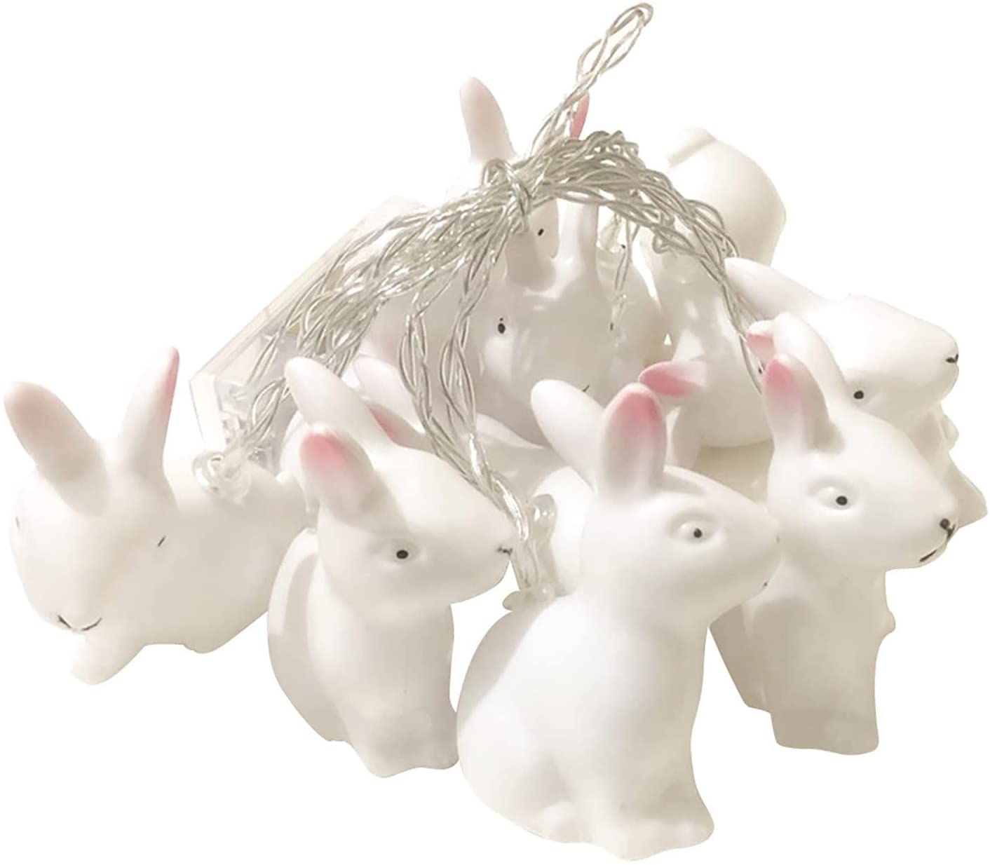 A string of 20 LED bunny-shaped lights on a transparent wire, glowing warmly, perfect for indoor decoration.