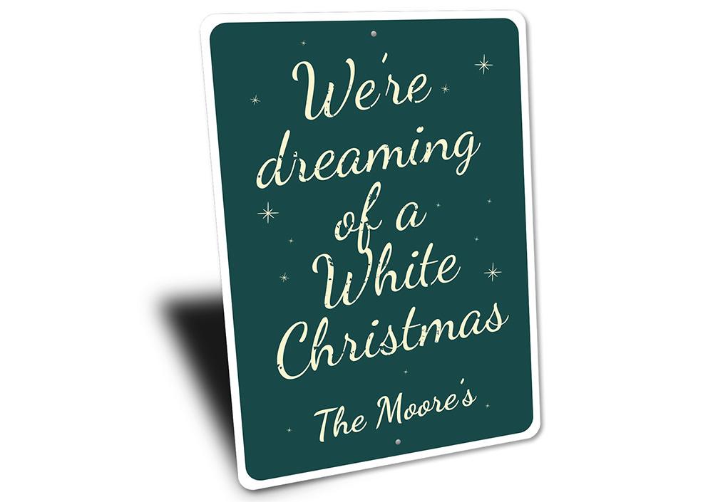 A charming White Christmas Sign made of high-quality aluminum, featuring festive designs perfect for holiday decor.