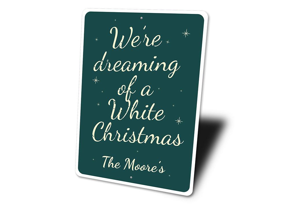 A charming White Christmas Sign made of high-quality aluminum, featuring festive designs perfect for holiday decor.