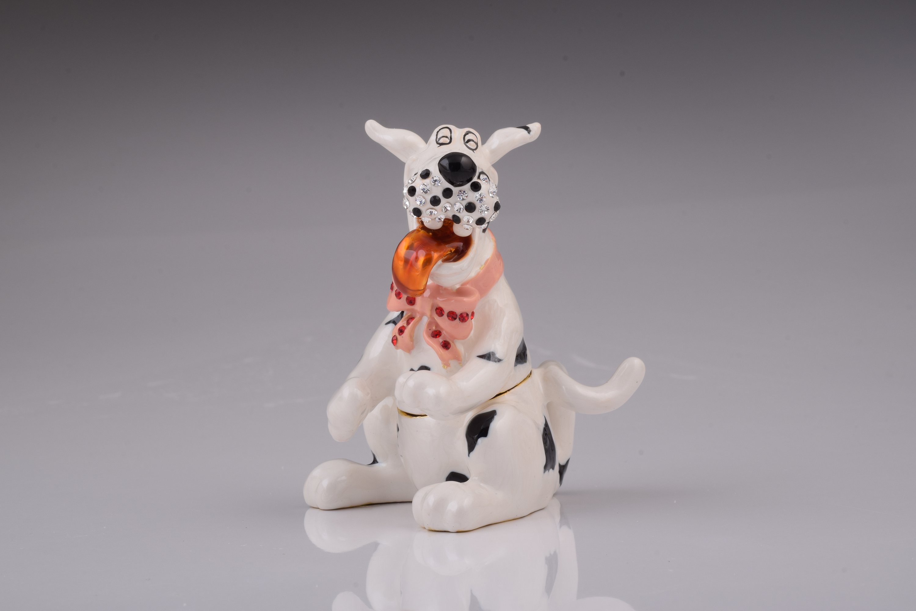 Handcrafted White Dalmatian dog trinket box with Austrian crystals and gold plating, elegantly designed and perfect for storing small treasures.