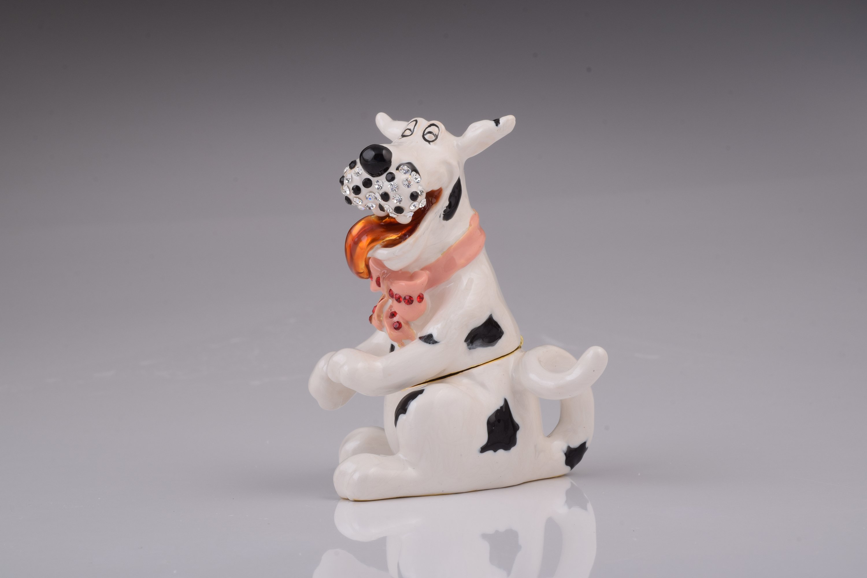 Handcrafted White Dalmatian dog trinket box with Austrian crystals and gold plating, elegantly designed and perfect for storing small treasures.