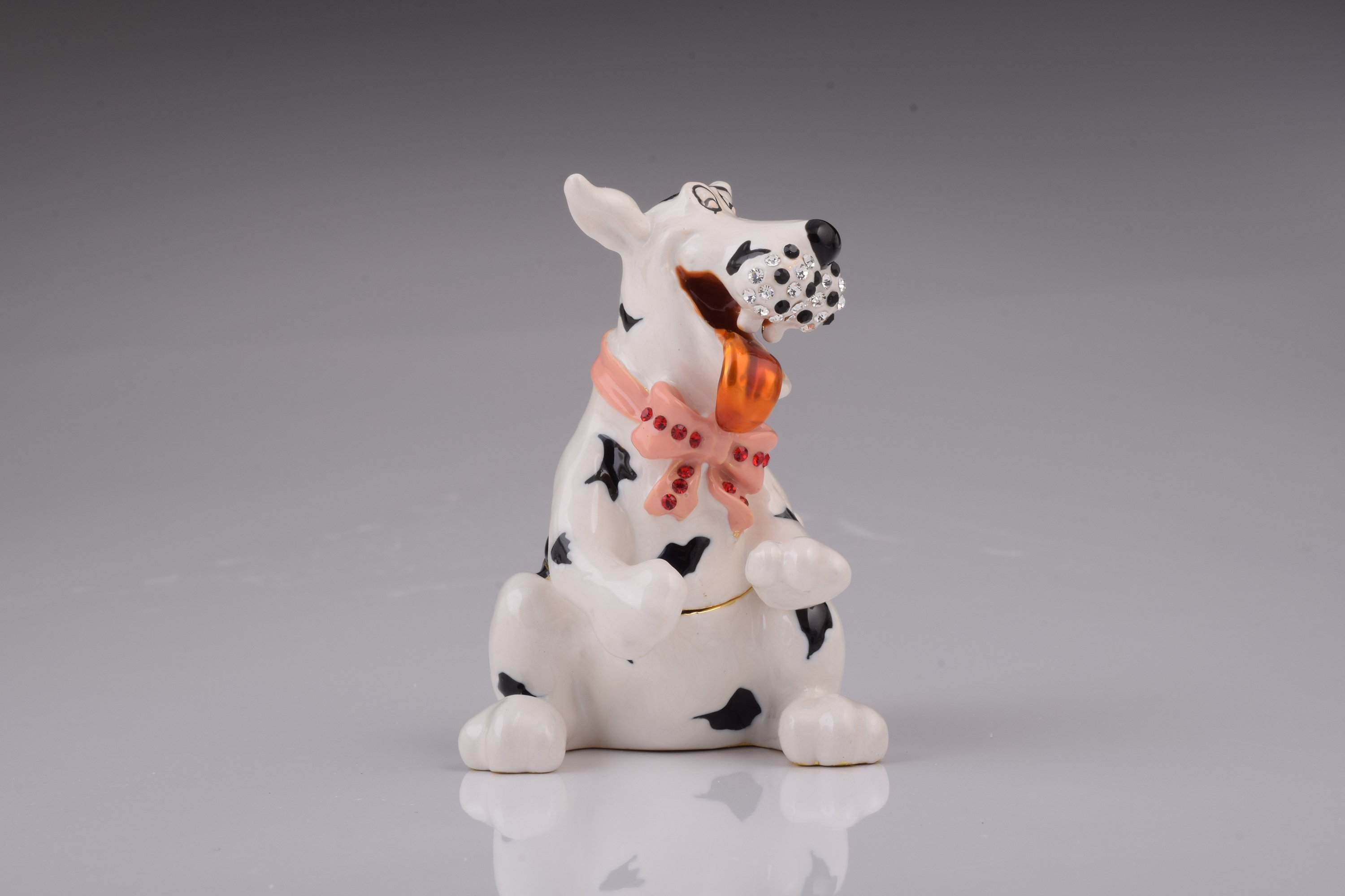 Handcrafted White Dalmatian dog trinket box with Austrian crystals and gold plating, elegantly designed and perfect for storing small treasures.