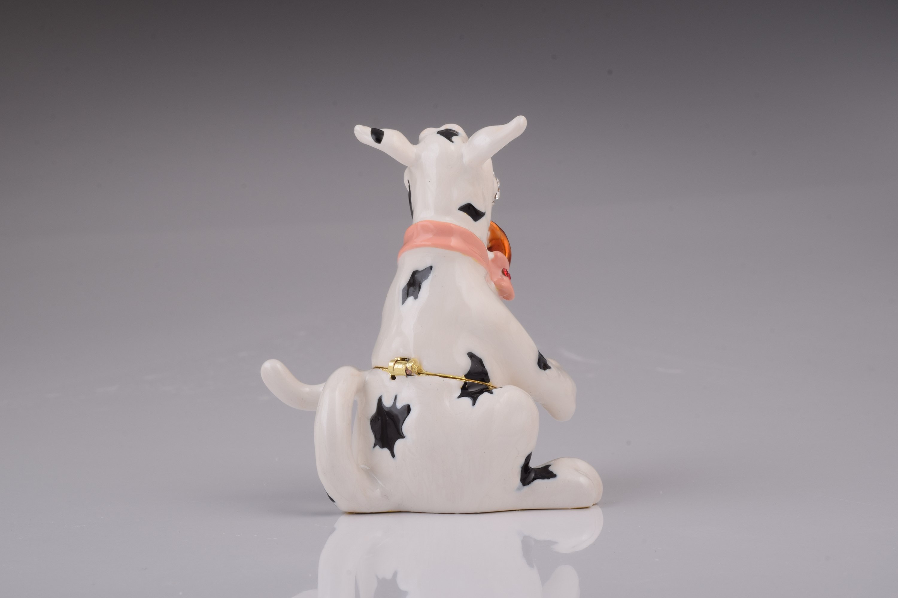 Handcrafted White Dalmatian dog trinket box with Austrian crystals and gold plating, elegantly designed and perfect for storing small treasures.